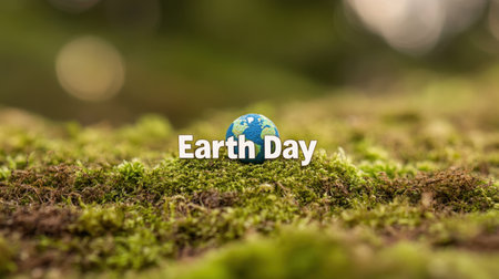 Vibrant Earth Day image featuring a small globe placed on a lush mossy surface. The scene promotes environmental awareness and the beauty of nature.の素材