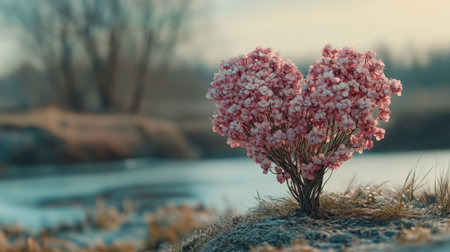 A charming heart-shaped arrangement of pink flowers by a serene water body, evoking themes of love, nature, and tranquility in a beautiful landscape.の素材