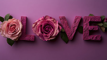 A stunning arrangement featuring the word "LOVE" crafted from textured material, adorned with elegant pink roses and green leaves on a vibrant purple background.の素材
