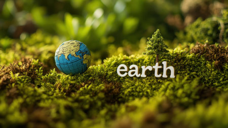 This image features a colorful globe and wooden letters spelling "earth," nestled on a lush green mossy background, symbolizing nature and environmental awareness.の素材