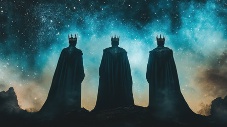 This captivating image features three silhouetted kings adorned in majestic crowns and cloaks, standing against a breathtaking cosmic landscape filled with stars and ethereal beauty.の素材