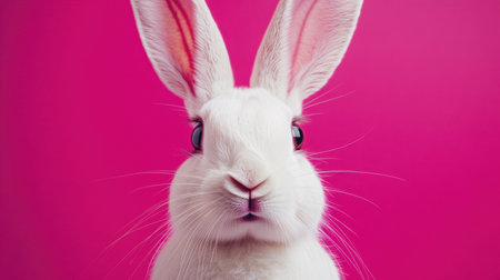 This charming portrait features a cute white rabbit with large ears and a captivating expression against a vibrant pink background, showcasing its fluffy texture and playful personality.の素材