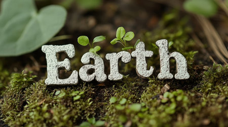 A close-up view of the word "Earth" set against a lush moss backdrop, featuring small green plants symbolizing new growth and environmental harmony.の素材