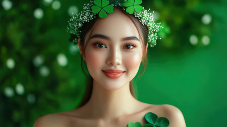 A radiant young woman showcases a serene expression, adorned with clovers and flowers amid a lush green background, embodying beauty and freshness.の素材