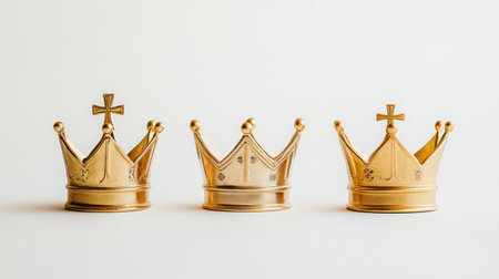 Discover a visually striking image of three elegant golden crowns positioned artfully on a neutral background, symbolizing luxury and royalty.の素材