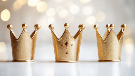 Three elegant gold crowns sit beautifully arranged on a soft, blurred background filled with sparkling bokeh lights, evoking a sense of celebration and luxury.の素材