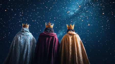 Three regal kings stand silhouetted against a dazzling starry sky, embodying wonder and adventure. Their crowns and cloaks enhance the sense of majesty and mystery.の素材