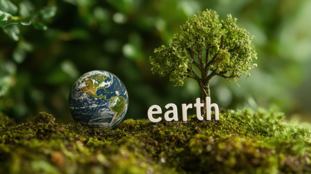 Captivating earth globe beside a small tree on lush moss, symbolizing the bond between nature and planet health. Ideal for environmental themes.の素材