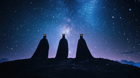 Three cloaked figures with crowns stand majestically against a vibrant starry sky, evoking a sense of mystery and royalty in a tranquil landscape.の素材