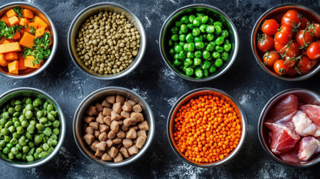 A vibrant array of fresh ingredients showcases the beauty of cooking. Featuring colorful vegetables, legumes, and proteins, perfect for meal preparation.の素材