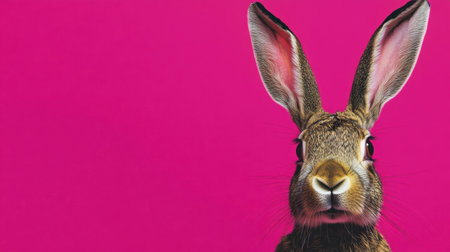 A captivating portrait of a cute rabbit against a vibrant pink background, perfect for creative projects. This stunning image highlights the personality and charm of a fluffy rabbit.の素材