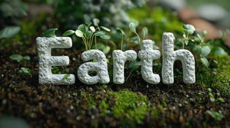 A unique depiction of the word "Earth" made from textured stone, surrounded by small plants and lush greenery, capturing the essence of nature and sustainability.の素材