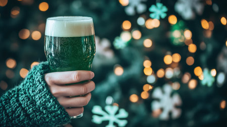A refreshing glass of green beer held in a cozy sweater-clad hand, set against a background of blurred holiday lights and snowflake decorations, captures festive cheer.の素材