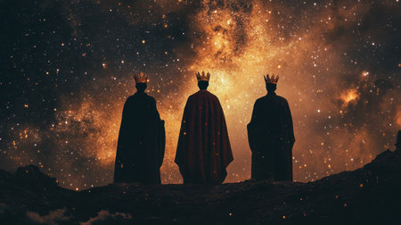 Three crowned figures stand silhouetted against a mesmerizing night sky filled with stars and galaxies, symbolizing majesty and cosmic wonder.の素材