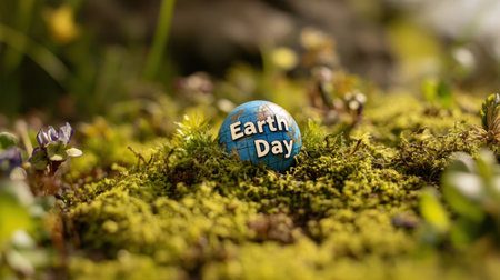 Close-up of a colorful Earth Day button resting on vibrant moss, surrounded by blooming flowers. A celebration of nature and awareness for environmental conservation.の素材
