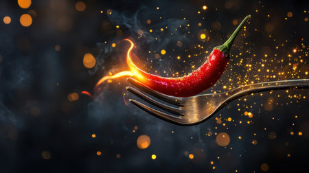 A striking image of a vibrant red chili pepper balanced on a fork, exuding spice and allure against a shimmering, smoky background filled with sparkling effects.の素材