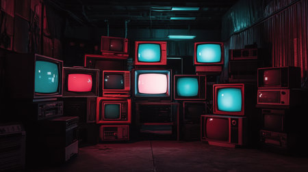A creative setup of vintage televisions illuminated by neon lighting in a dark space, showcasing a blend of retro technology and modern artistic flair.の素材