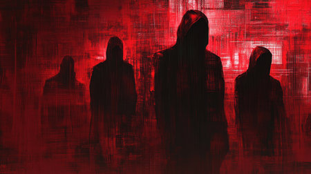 This striking image features mysterious hooded figures emerging from a dark red abstract background, evoking feelings of intrigue and suspense.の素材