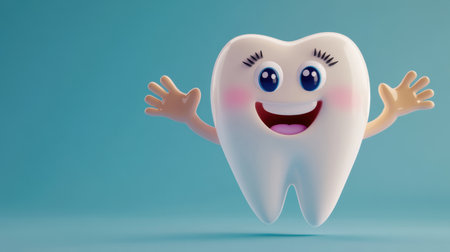 This cheerful cartoon tooth character features big eyes and a playful smile, perfect for promoting dental hygiene, children's health, and education.の素材