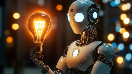 A futuristic robot stands confidently, holding a glowing light bulb in a modern environment. This image represents innovation and the fusion of technology with creativity.の素材
