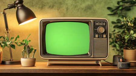 A vintage television sits on a wooden table, featuring a green screen. Surrounded by indoor plants and a stylish lamp, this cozy setting invites nostalgia and relaxation.の素材
