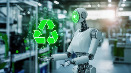 A futuristic robot promotes recycling and sustainability in an industrial setting, representing the integration of technology and eco-friendly practices aimed at a greener planet.の素材