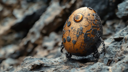 A unique robot egg design featuring a mix of metallic elements and intricate textures, situated on a rocky surface, highlighting innovation and creativity in art.の素材
