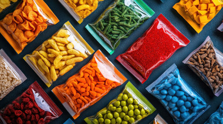 A vibrant and colorful assortment of various snack foods in transparent packaging, showcasing a delightful variety of textures and colors, perfect for marketing and food-related projects.の素材