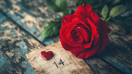 A stunning red rose placed next to a calendar marked with the date 14, perfect for romantic occasions like anniversaries or Valentine Day.の素材