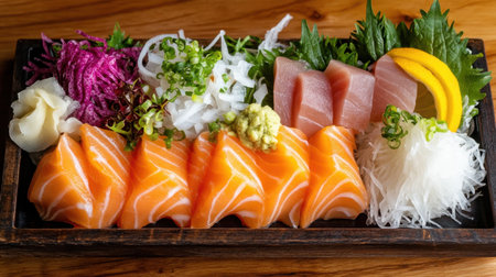 A beautifully arranged sushi platter featuring fresh salmon and tuna, accompanied by wasabi, thinly sliced vegetables, and garnishes. Perfect for sushi lovers.の素材