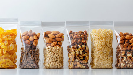 A visually appealing display of assorted nuts and dried fruits in clear zip bags, showcasing a healthy snack selection for nutrition-conscious individuals.の素材
