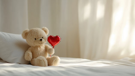A charming teddy bear holds a red heart, resting on a soft bed, creating a warm and affectionate atmosphere perfect for romance and childhood memories.の素材