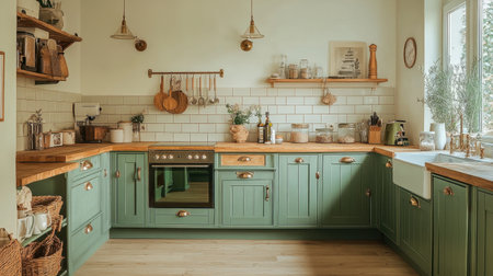 Bright and inviting vintage kitchen featuring green cabinets, wooden accents, and natural light. Perfect for illustrating cozy home aesthetics and modern design.の素材