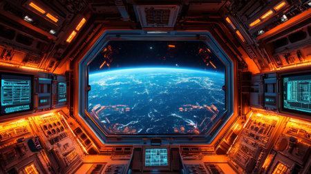 Stunning view from a futuristic space station interior overlooking Earth. The high-tech control panels illuminate the surroundings with vibrant orange light.の素材