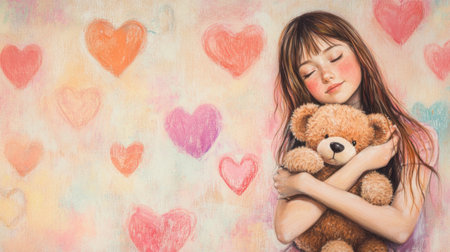 A charming illustration of a young girl holding a teddy bear surrounded by colorful hearts. The artwork captures warmth, innocence, and love, evoking childhood memories.の素材