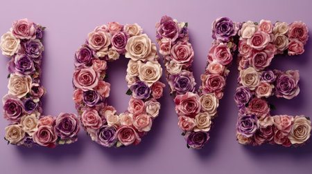 A vibrant floral arrangement composed of pink and purple roses spelling the word "LOVE." Perfect for romantic themes, weddings, and heartfelt celebrations.の素材