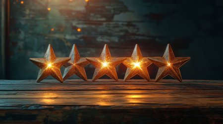 Five glowing star ornaments are arranged on a rustic wooden surface, casting a warm light that creates a cozy and inviting atmosphere perfect for festive occasions.の素材