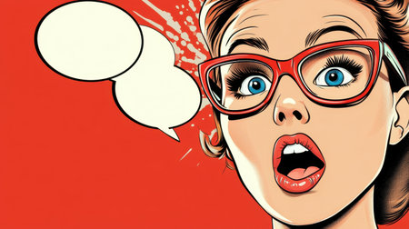 A striking illustration of a surprised woman with red glasses, showcasing vivid colors and a speech bubble ready for text. Perfect for creative projects!の素材