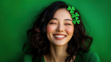 This vibrant portrait captures a joyful young woman smiling against a green background, radiating happiness and positivity with charming accessories.の素材
