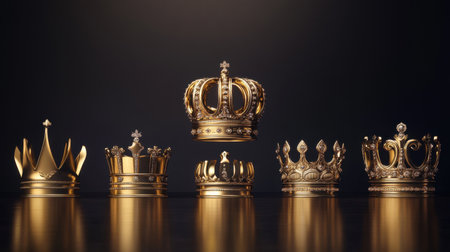 This stunning image showcases a collection of six elegant golden crowns, each representing unique styles and intricate designs, evoking a sense of royalty and luxury.の素材