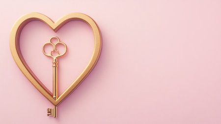 This artistic image features a golden key inside a heart shape, set against a soft pink background, symbolizing love and romance, ideal for various design projects.の素材