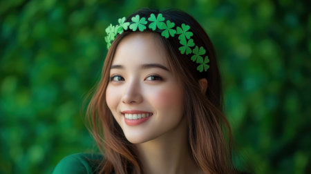 A cheerful young woman wearing a green clover headband smiles warmly against a lush green backdrop, capturing the essence of joy and natural beauty.の素材