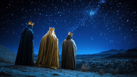 Three kings stand together under a vast starry sky, immersed in a serene desert landscape. Their regal robes and crowns reflect a sense of mystery and adventure.の素材
