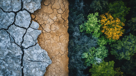 This captivating aerial image showcases the stark contrast between arid land and vibrant green trees, highlighting the impact of climate change on ecosystems.の素材