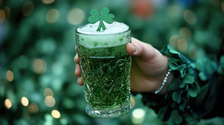 A vibrant photo capturing a hand holding a glass of green beer adorned with a Shamrock. Ideal for St. Patrick's Day celebrations, showcasing festive spirit and joy.の素材