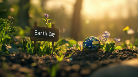 A beautiful scene showcasing Earth Day with a globe and a sign in a lush garden setting. This image illustrates the importance of environmental awareness and love for nature.の素材