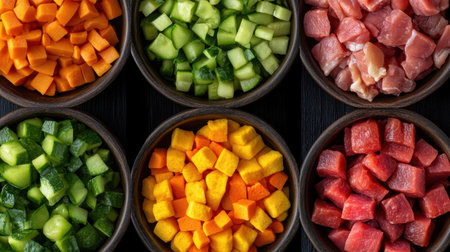 A stunning display of cubed vegetables and meat arranged in wooden bowls, showcasing vibrant colors and fresh ingredients perfect for meal preparation and cooking.の素材