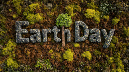 Creative representation of Earth Day using stone letters and a small tree on a moss-covered background, symbolizing nature and environmental awareness.の素材