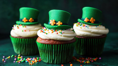Delight in these festive green cupcakes topped with shamrock hats and colorful sprinkles, perfect for celebrations or themed parties. Ideal for St. Patrick's Day!の素材