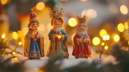 Beautifully crafted Christmas figurines radiate joy amid soft glowing lights, creating a warm and festive ambiance perfect for holiday celebrations.の素材